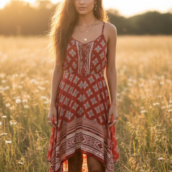 Anthropologie Dresses & Skirts - Band of Gypsies Handkerchief Scarf Print Asymmetrical Midi Red Boho Dress